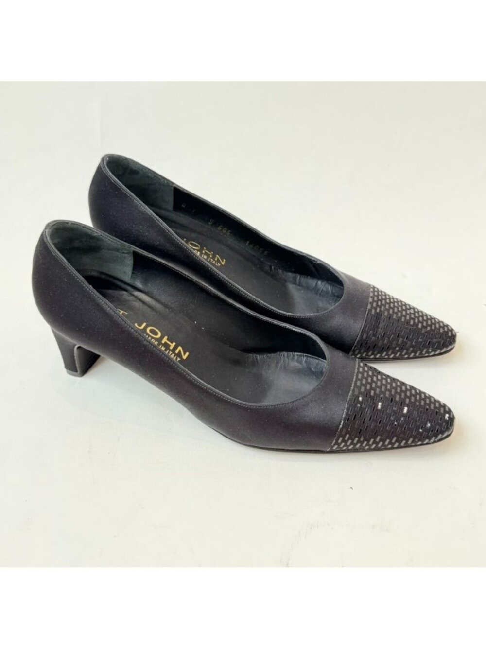 St. John Nicolette Pointed Toe Pumps Black Satin Women's 7B Made in Italy